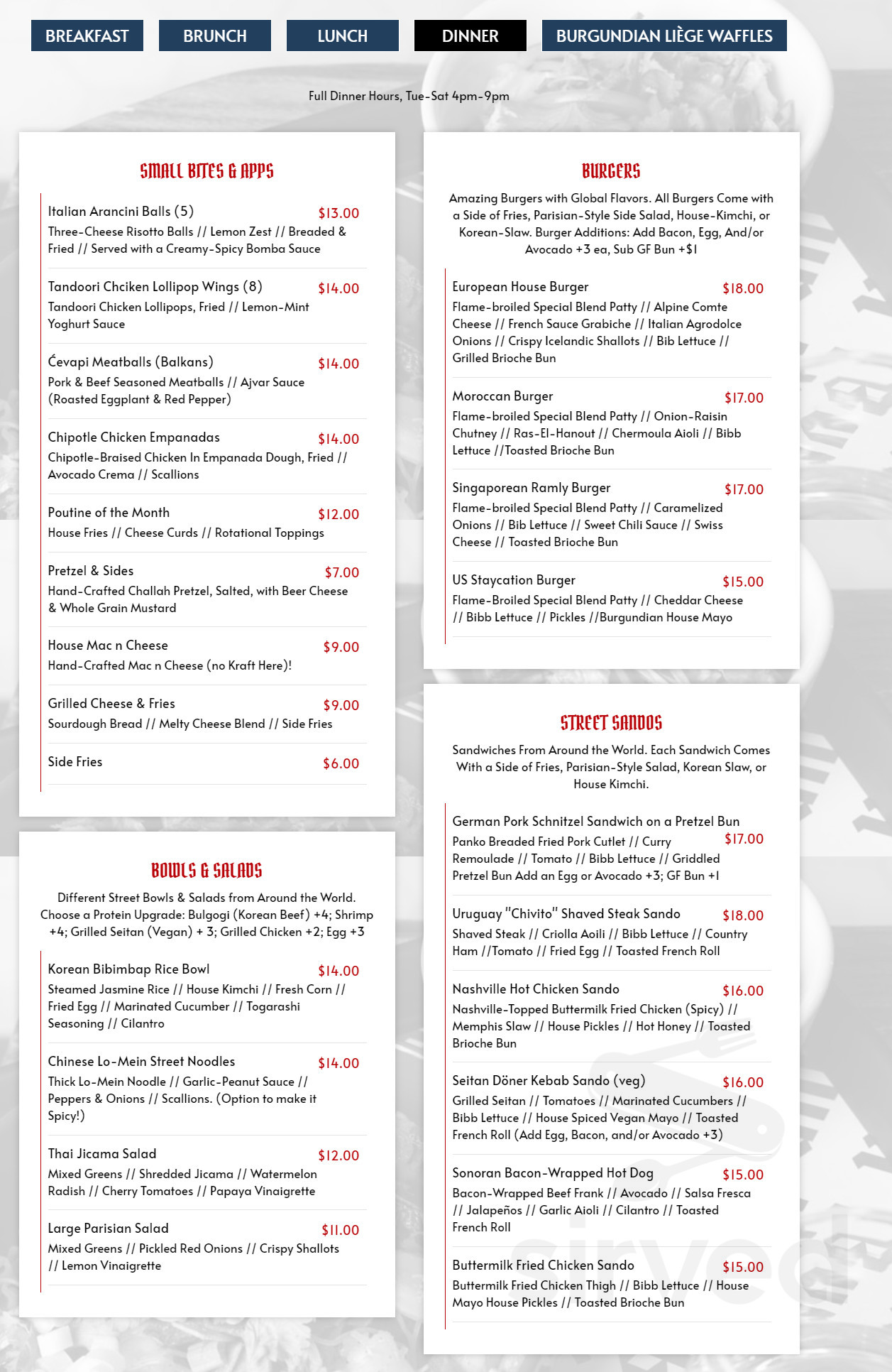 Burgundian menu in Attleboro, Massachusetts, USA