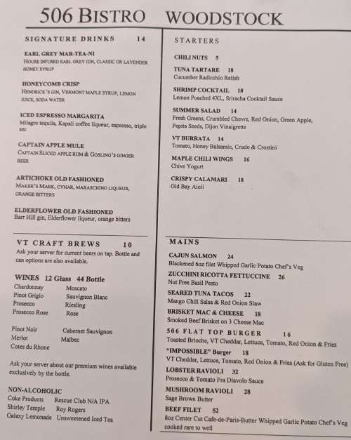 506 Bistro and Bar menu in Woodstock, Vermont, USA