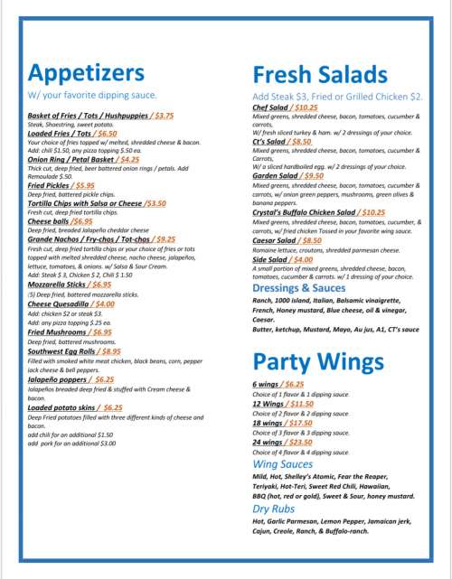 CT's at the lake menu in Bonneau, South Carolina, USA