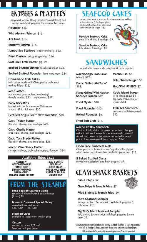 The Great Machipongo Clam Shack menu in Nassawadox, Virginia, USA