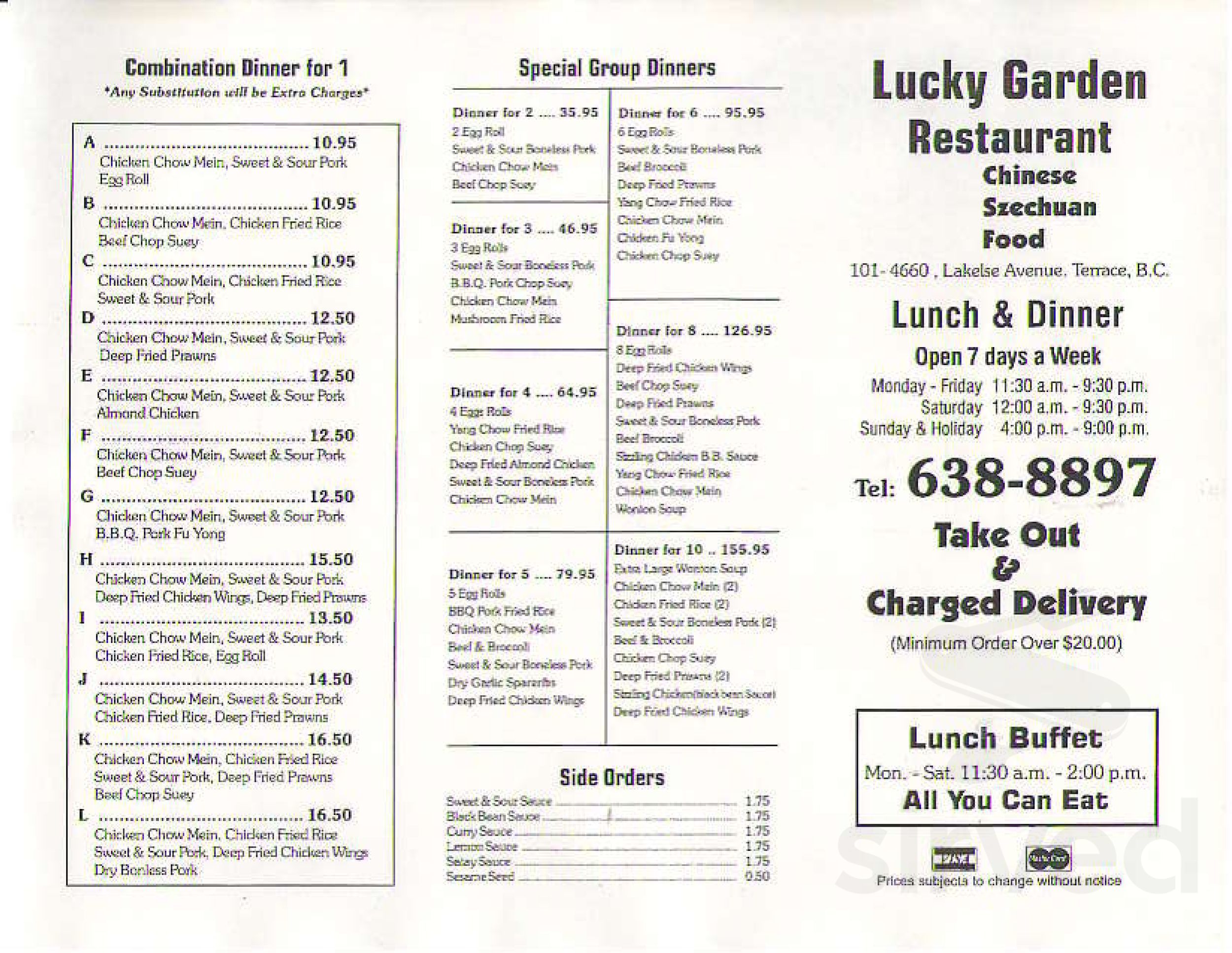 Lucky Garden Restaurant menus in Terrace, British Columbia, Canada