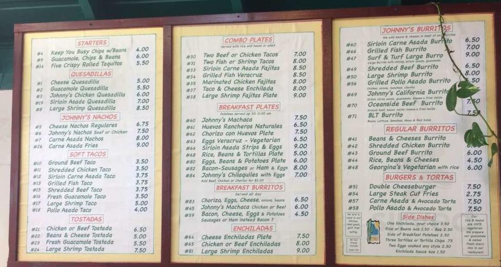 Johnny Mañana's menu in Oceanside, California