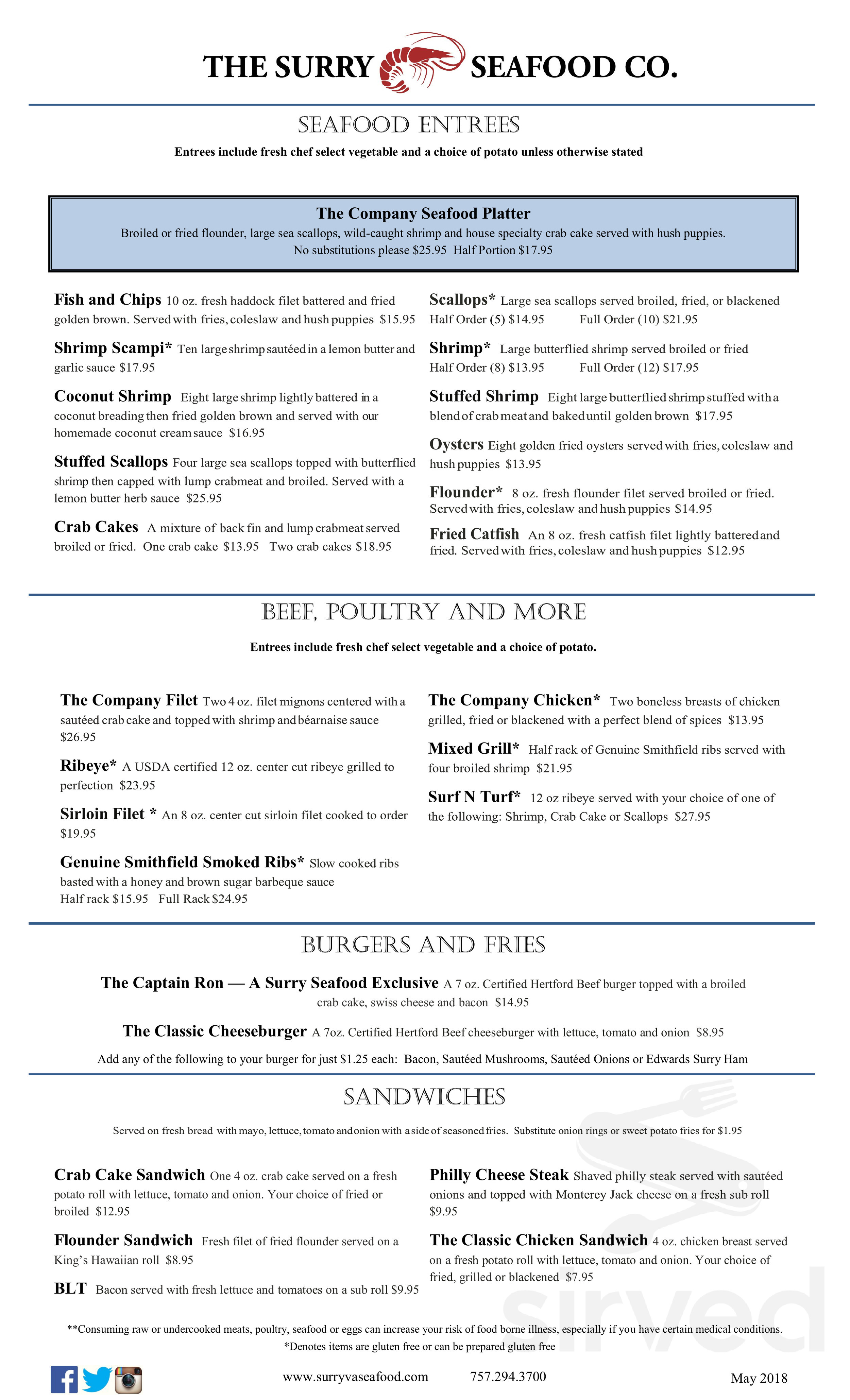 The Surry Seafood Co. menu in Surry, Virginia, USA