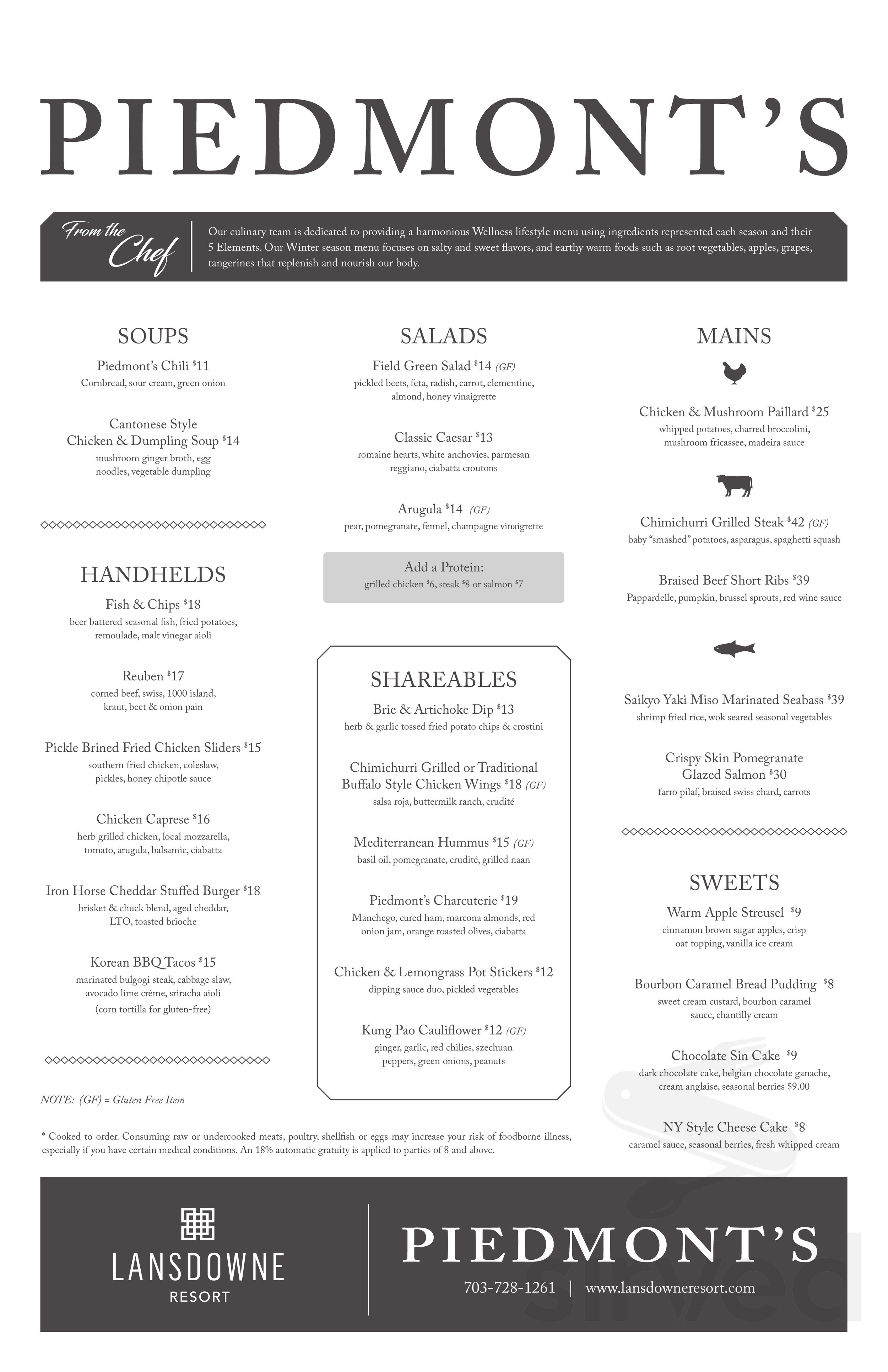 Menu for Piedmont's in Leesburg, VA Sirved