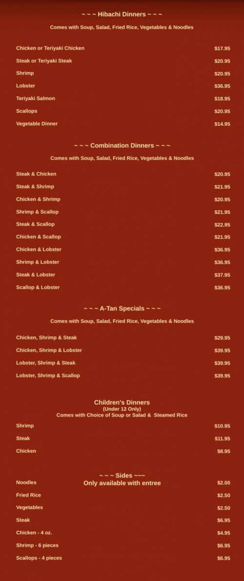 ATan menu in Memphis, Tennessee, USA