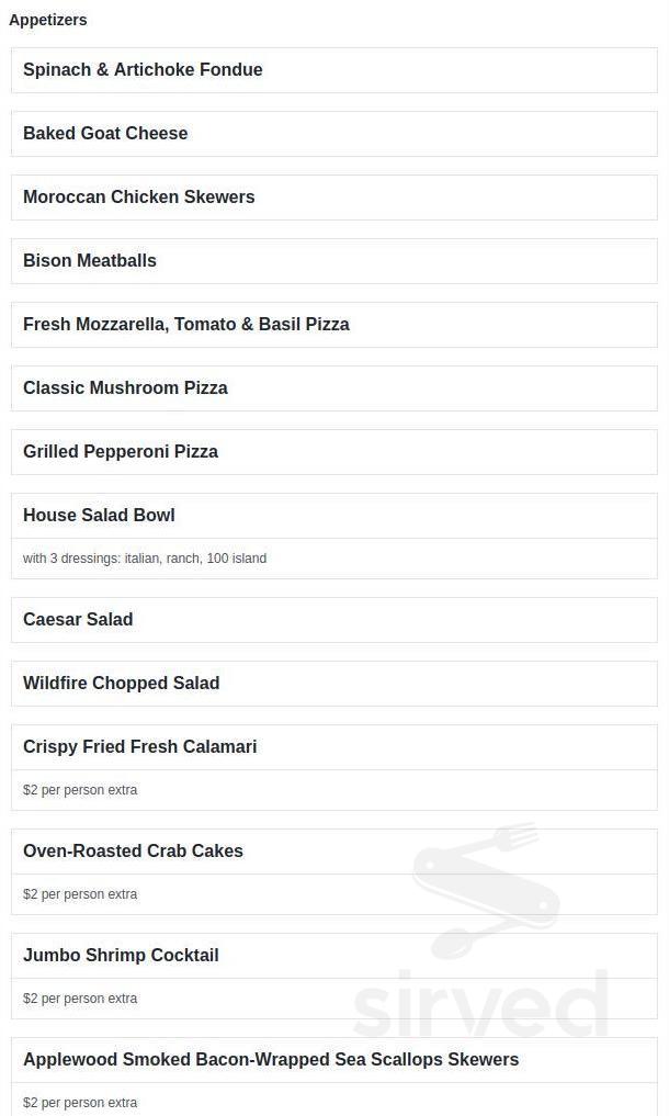 Wildfire restaurant menu in Schaumburg, Illinois, USA