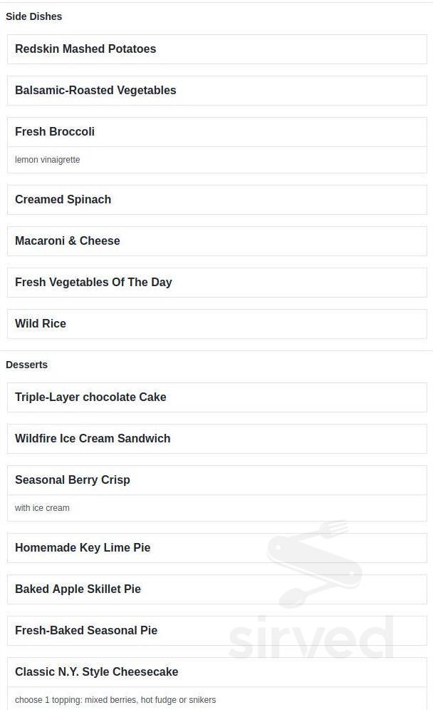 Wildfire restaurant menu in Schaumburg, Illinois, USA