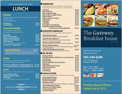 Gateway Breakfast House menu in Portland, Oregon, USA