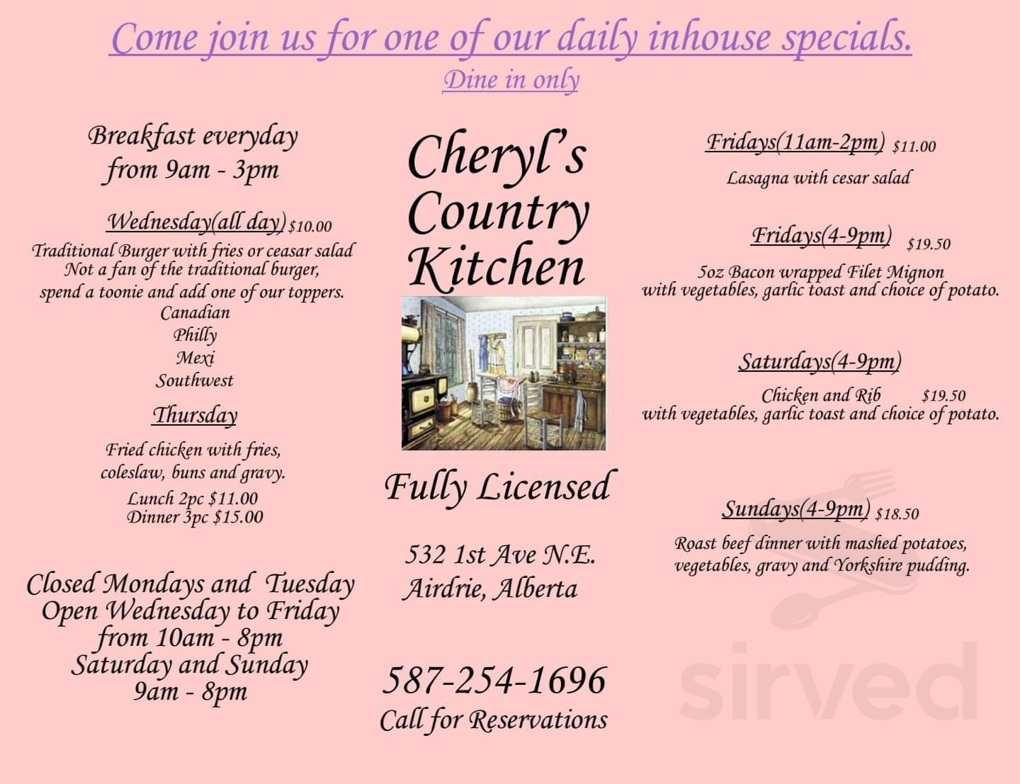 Cheryl’s Country Kitchen menus in Airdrie, Alberta, Canada
