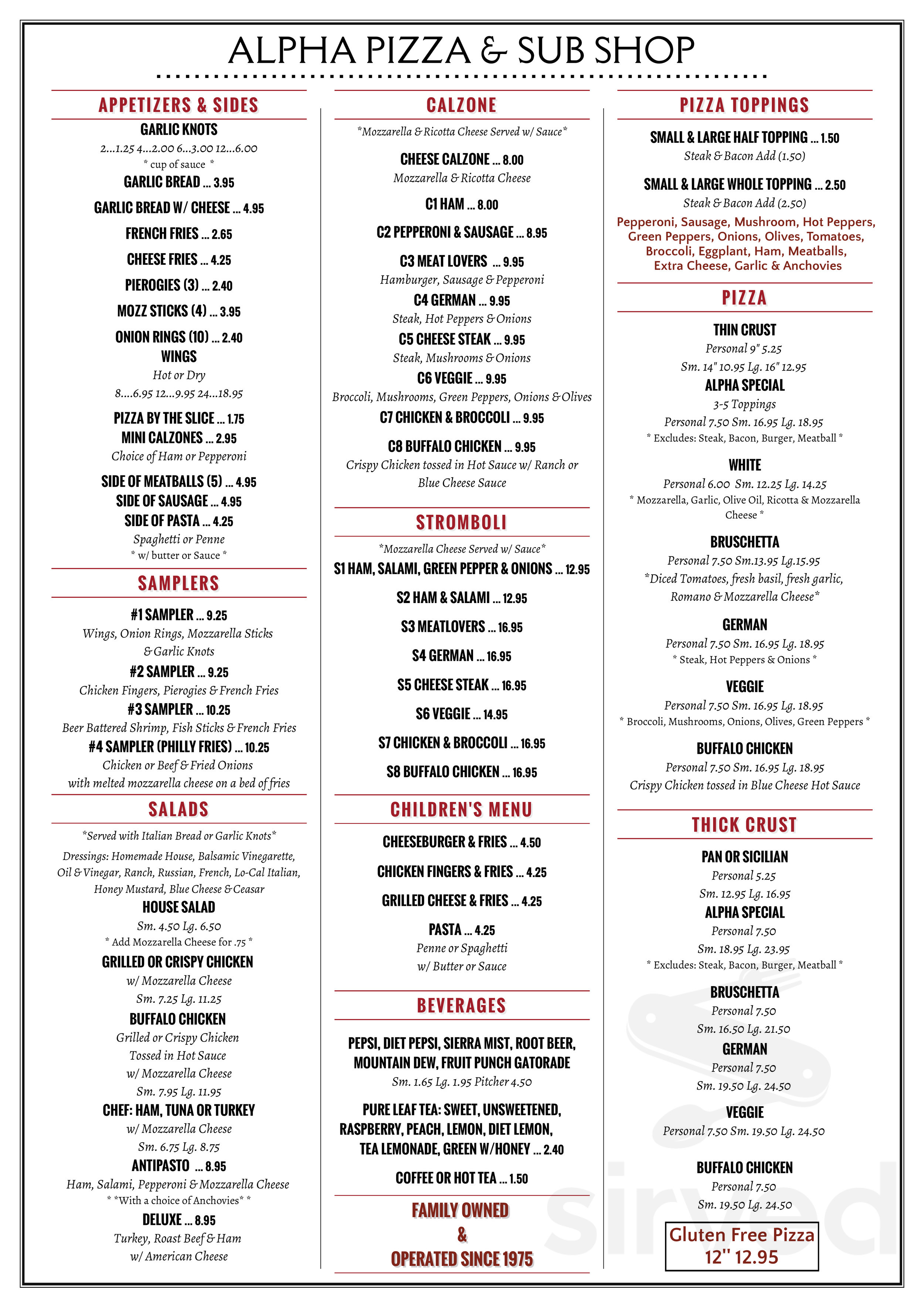 Alpha Pizza & Sub Shop menu in Phillipsburg, New Jersey, USA