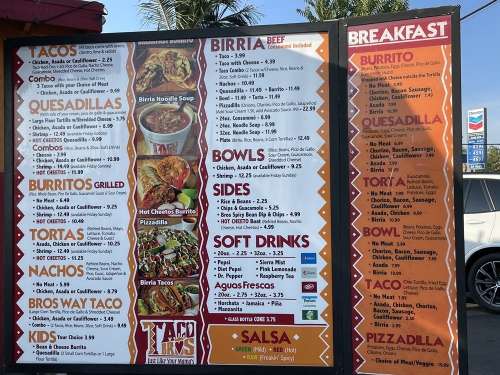 Taco Bros menu in Bakersfield, California, USA