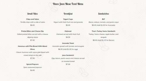 Hava Java menu in Phoenix, Arizona, USA