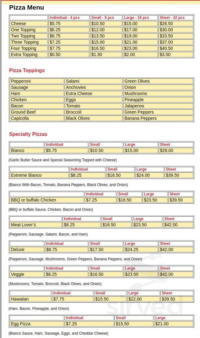 Lindsey's Pizza menu in Canton, Ohio, USA