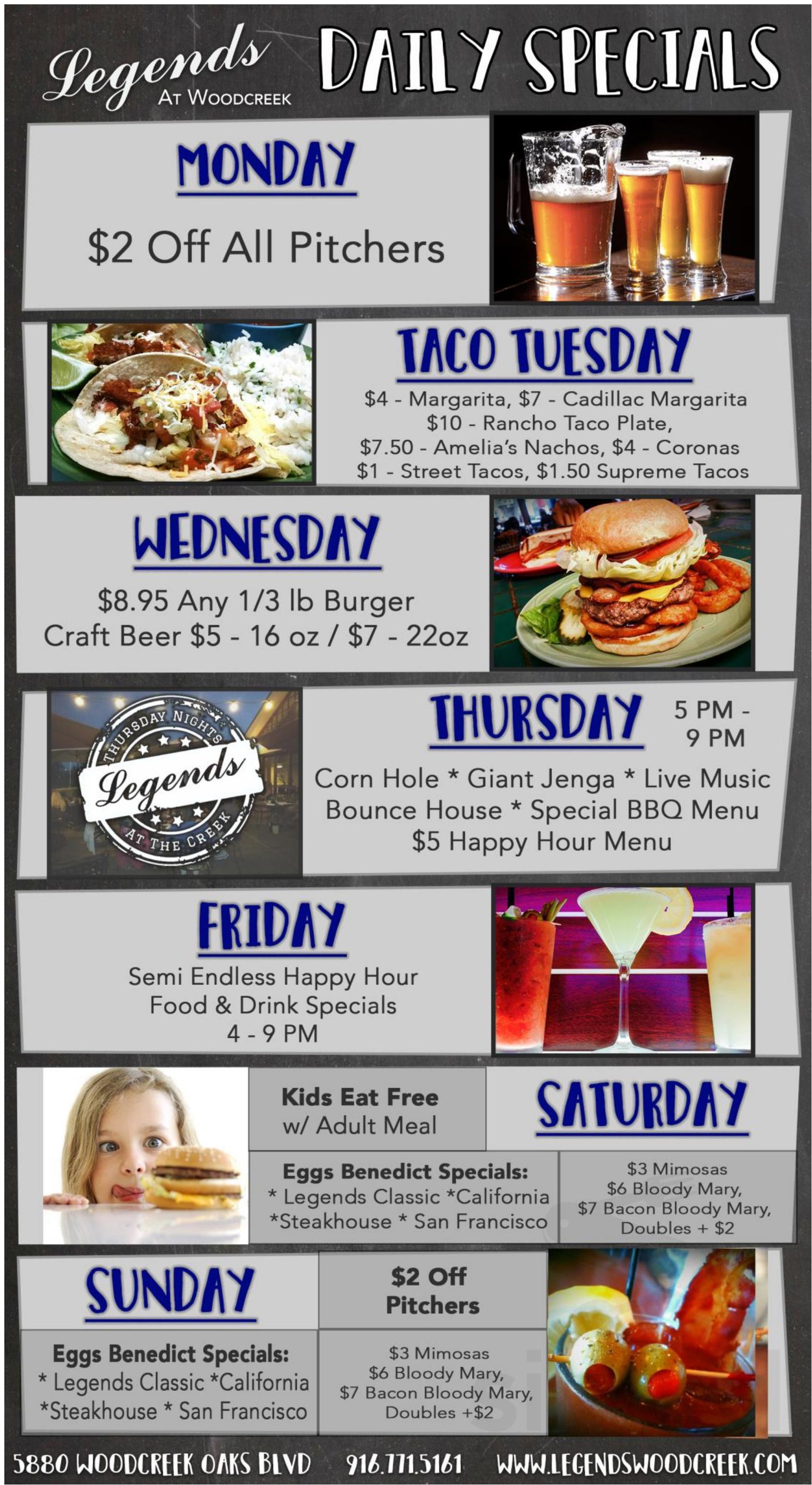 Menu for Legends at Woodcreek Sports Bar & Grill in Roseville, CA | Sirved