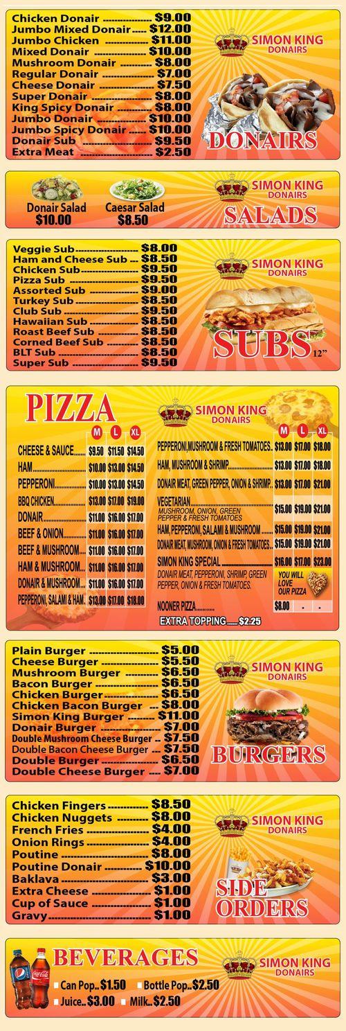 Simon King Donair & Submarine menu in Edmonton, Alberta, Canada