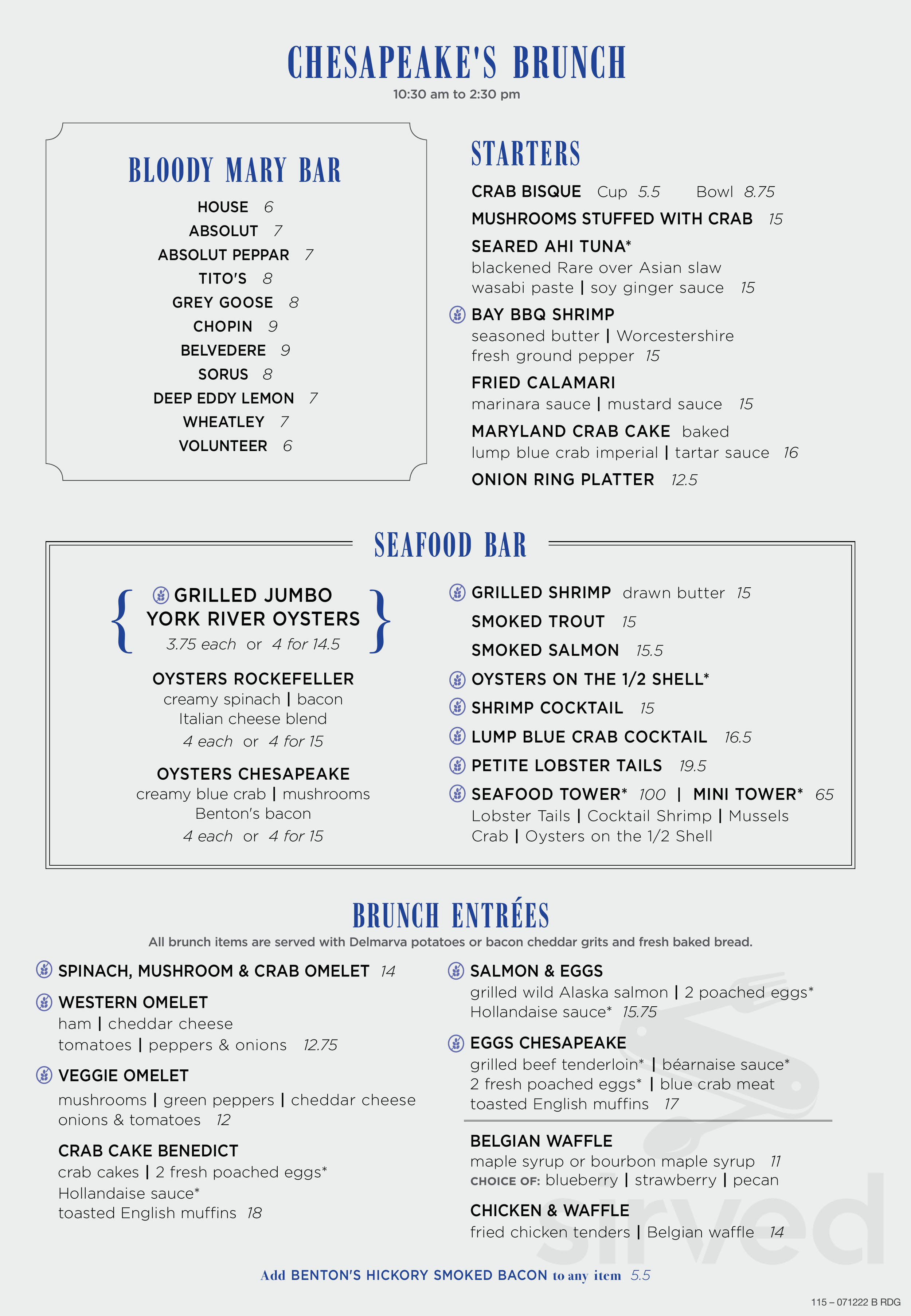 Chesapeake's Seafood Restaurant menu in Knoxville, Tennessee, USA