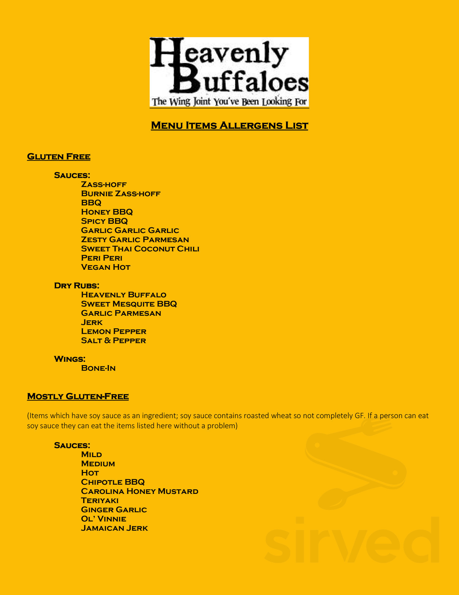 Menu Durham NC's Heavenly Buffaloes Sirved