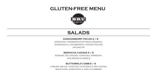 Menu for BRU Burger Bar - Evansville - Evansville, IN | Sirved