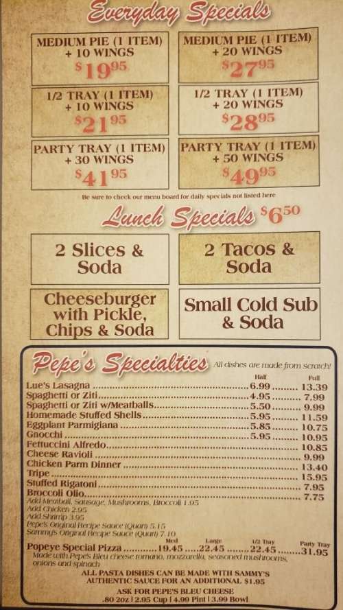 Sammy's Buffalo Pizzeria and Pasta (Colvin Ave.) menu in Buffalo, New