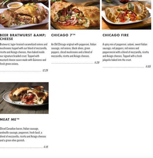 Old Chicago menu in Portage, Michigan, USA