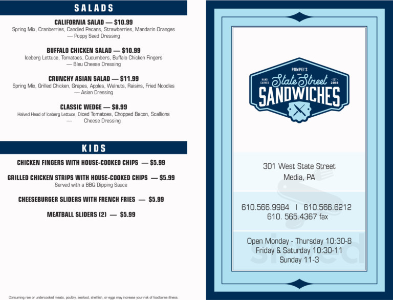 Pompei's State Street Sandwiches menu in Media, Pennsylvania