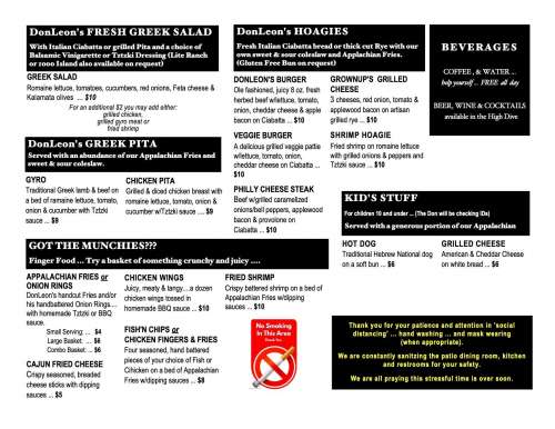 The High Dive menu in Highlands, North Carolina, USA