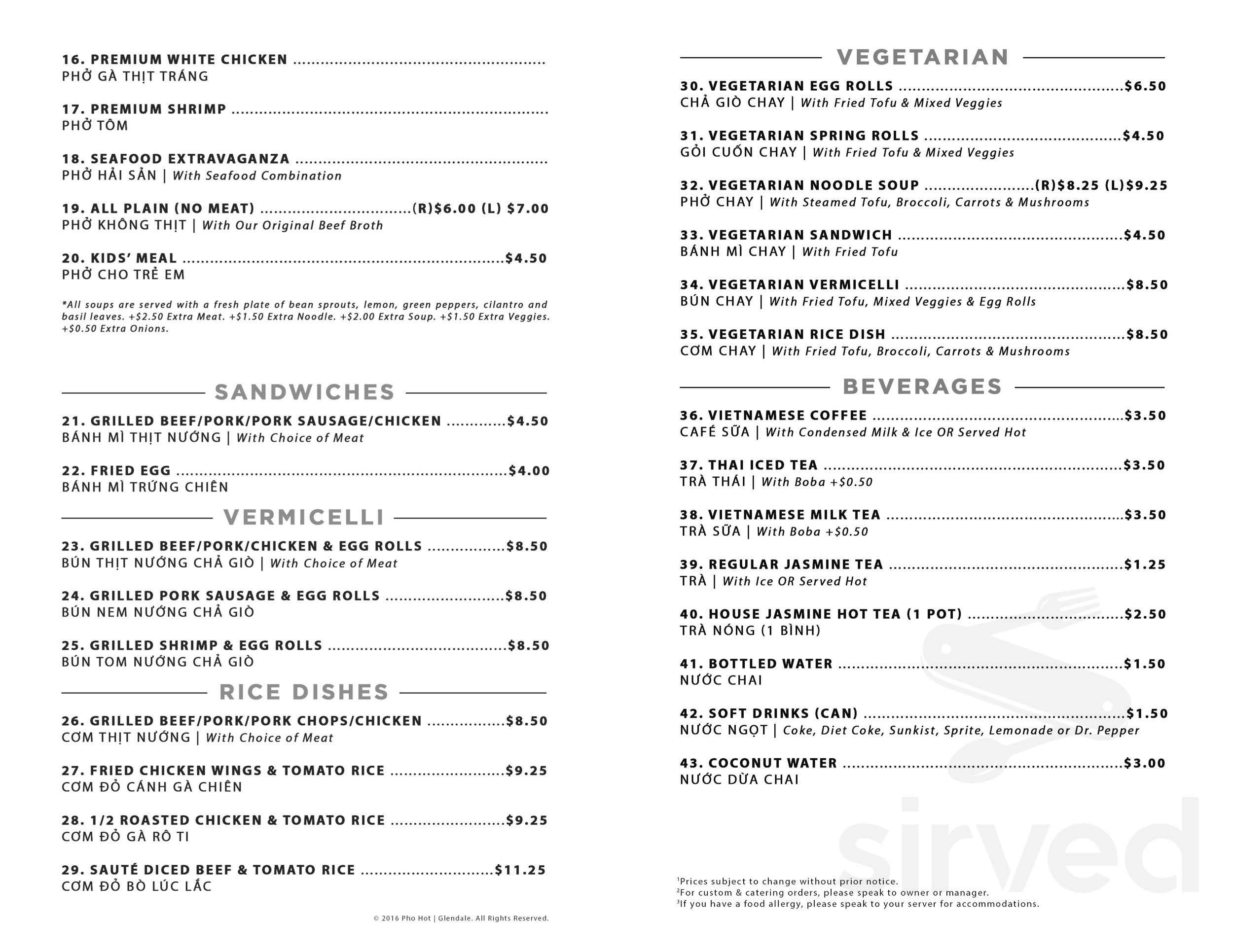 Pho Hot menus in Glendale, California, United States