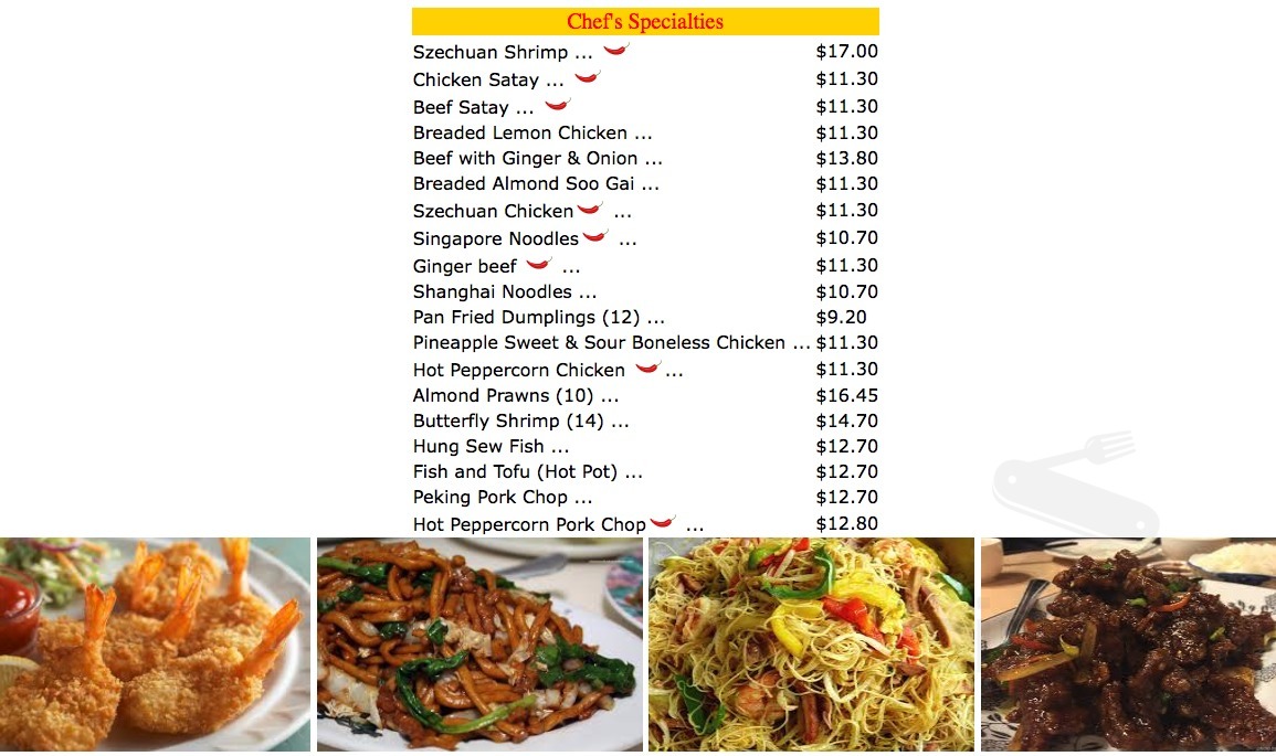 Pearl River Kitchen menu in Regina, Saskatchewan, Canada