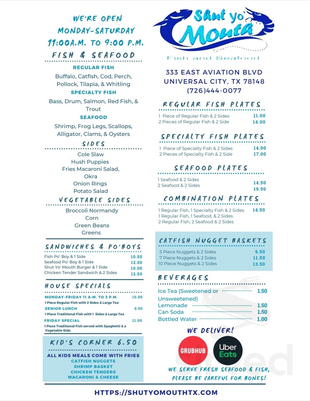 Shut Yo Mouth Fish and Seafood menu in Universal City, Texas, USA