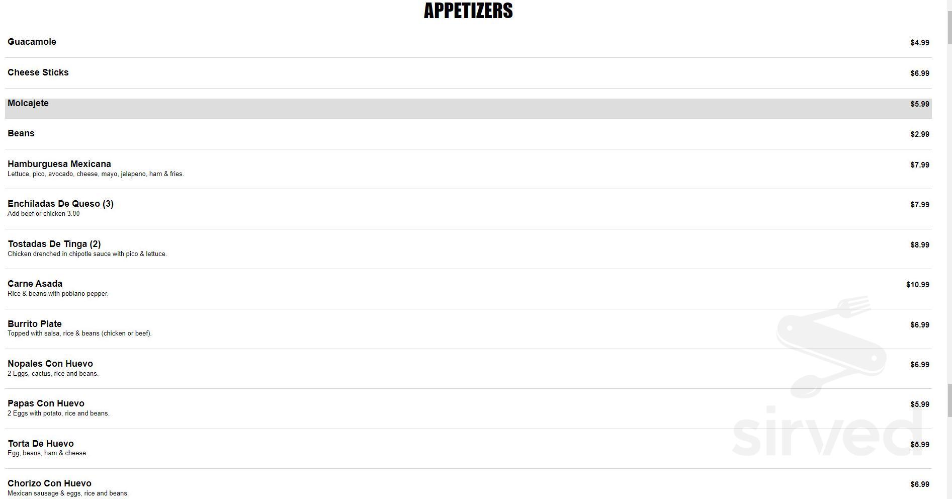 La Sirena Mexican Seafood & Bar menu in Grand Prairie, Texas, USA