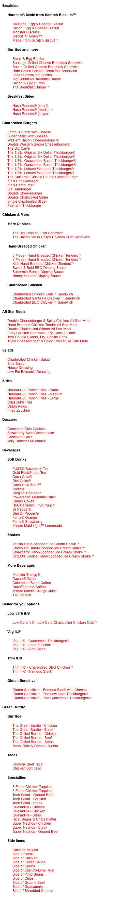 Carl's Jr. menu in Yuma, Arizona, USA