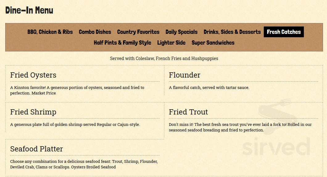 King's BBQ Restaurant menu in Kinston, North Carolina, USA