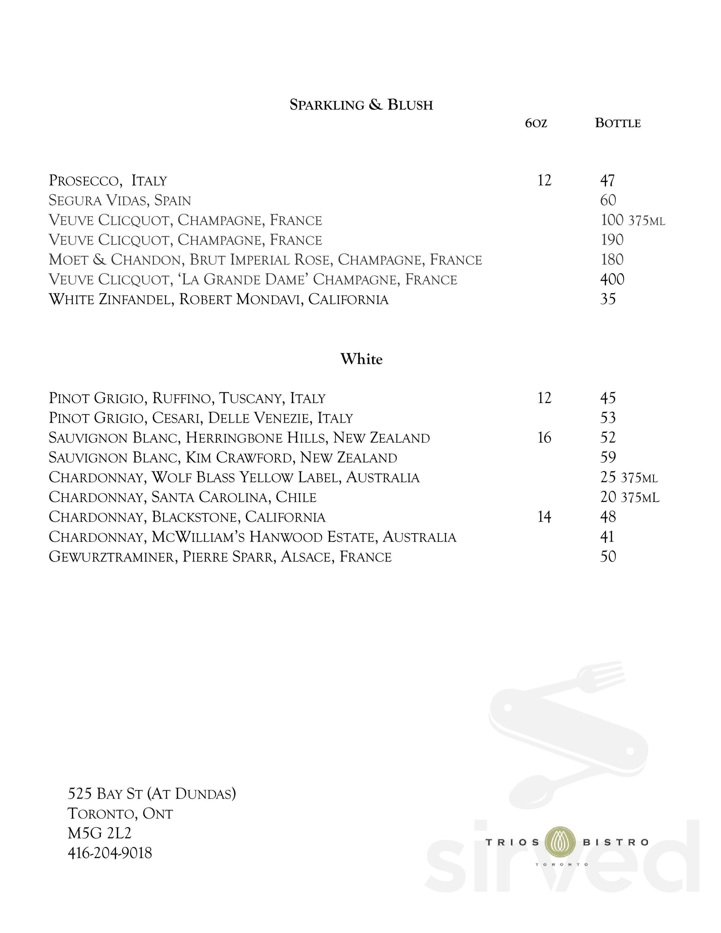 Trios Bistro drink menu in Toronto, Ontario