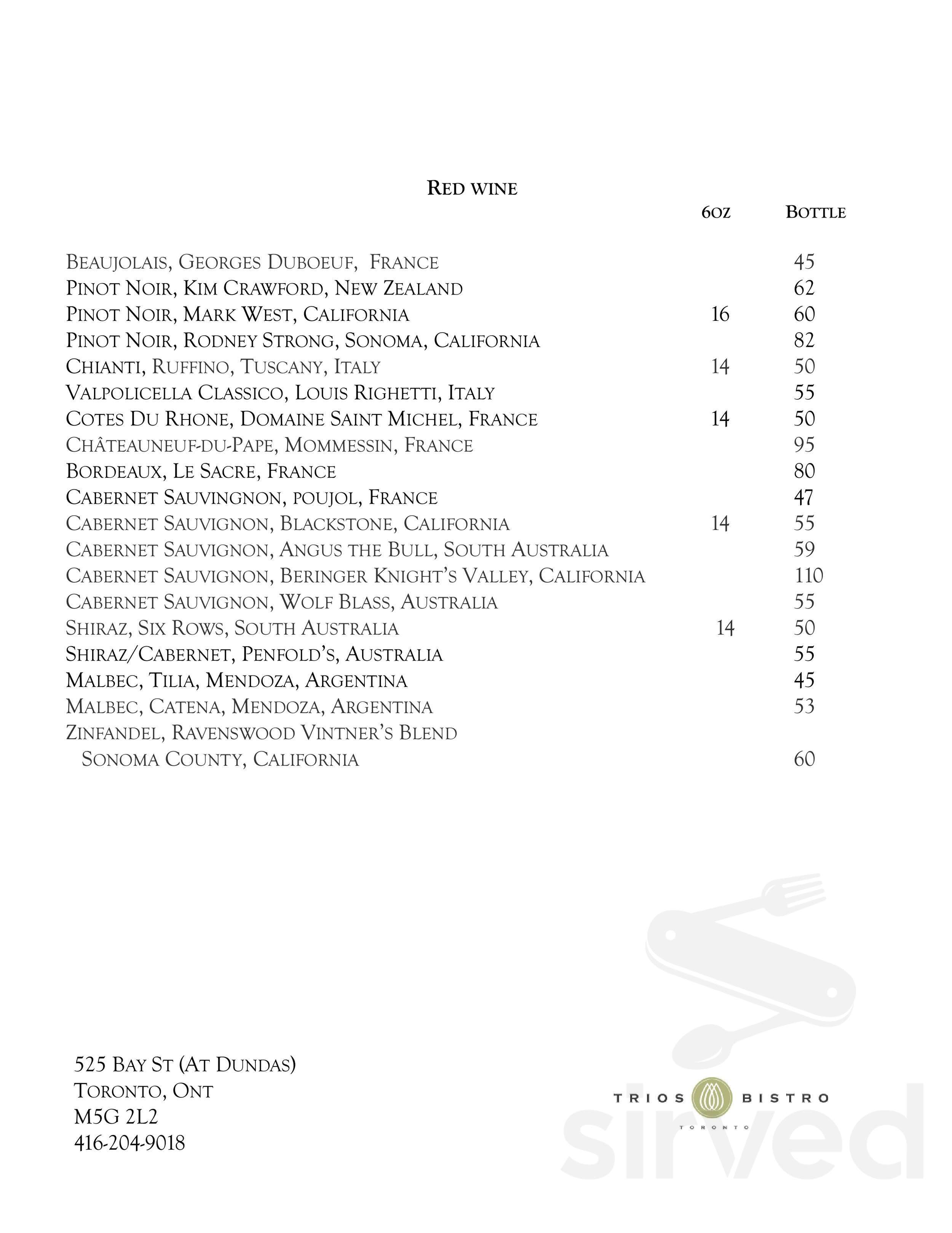 Trios Bistro drink menu in Toronto, Ontario