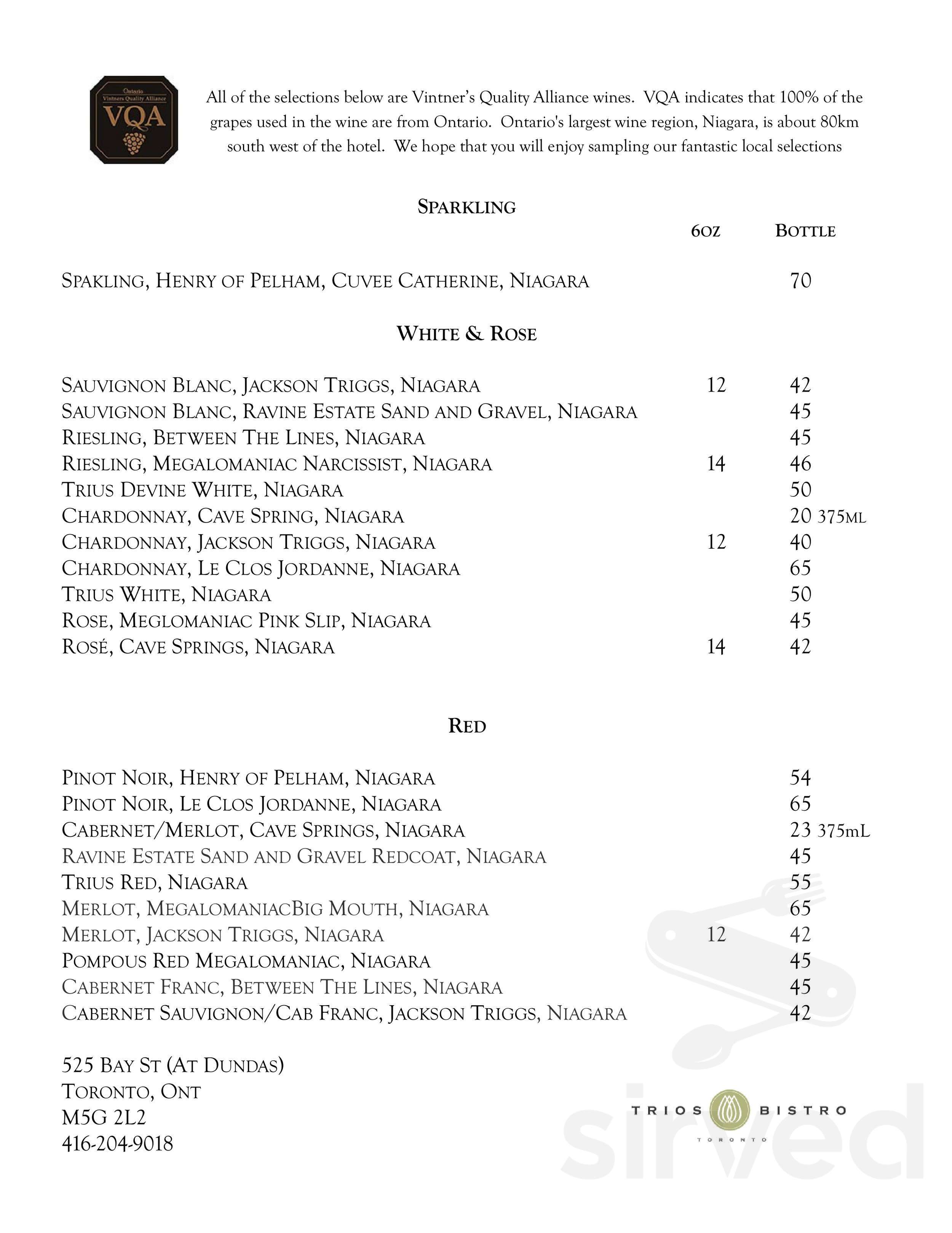 Trios Bistro drink menu in Toronto, Ontario