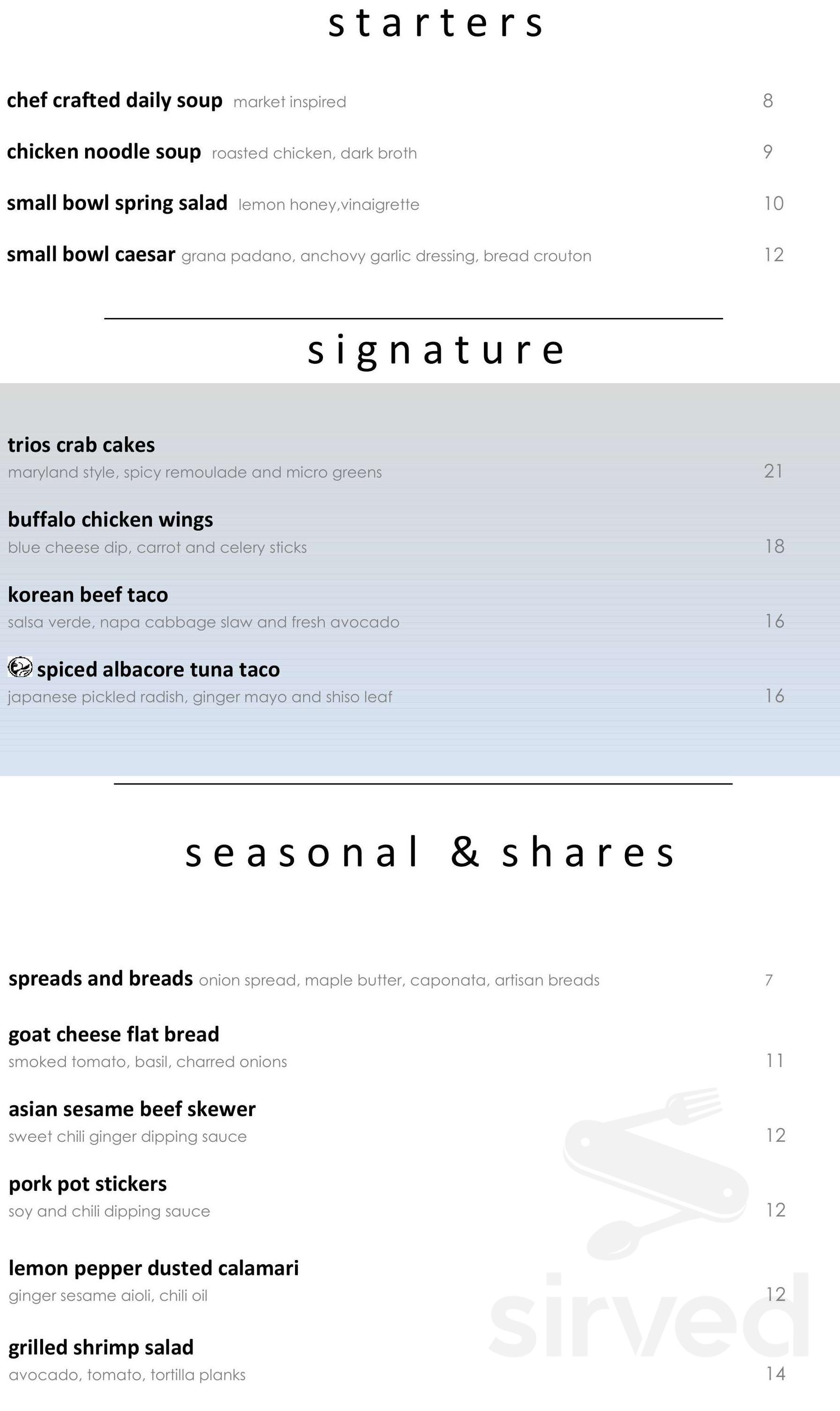Trios Bistro menu in Toronto, Ontario