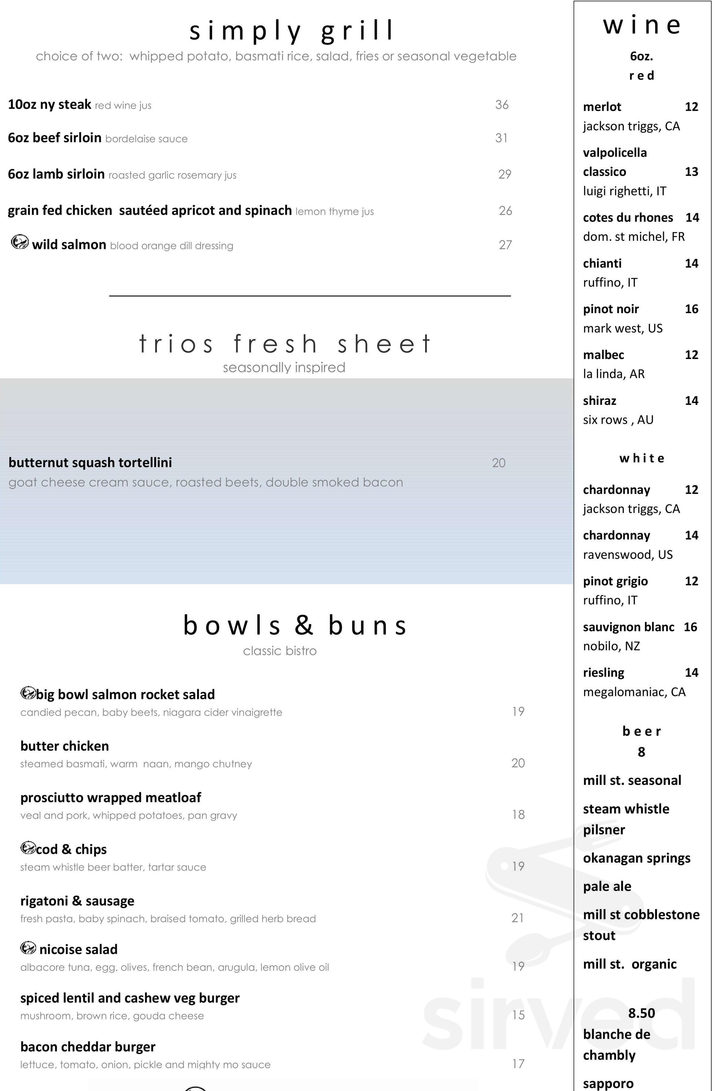 Trios Bistro menu in Toronto, Ontario
