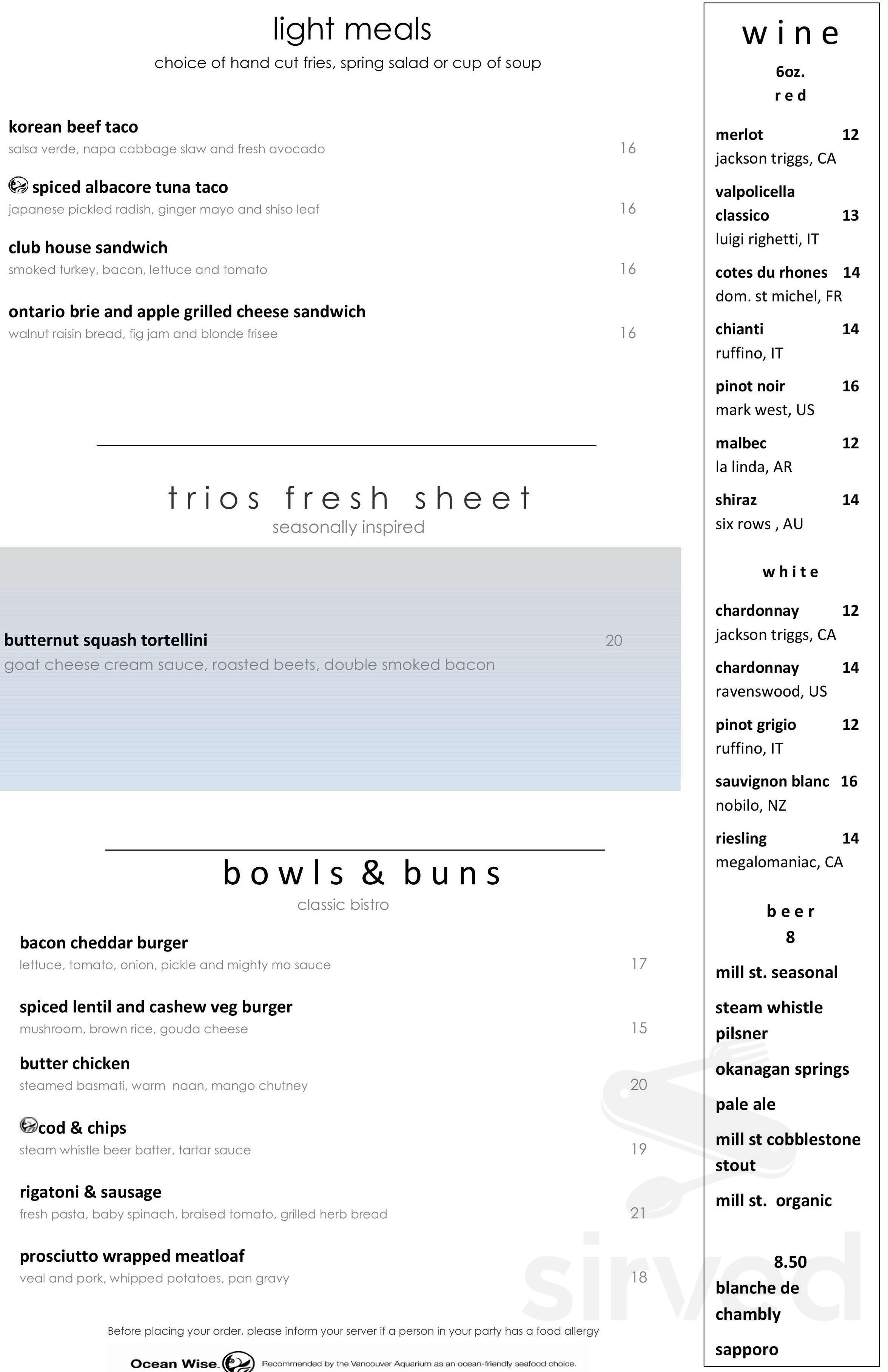 Trios Bistro menu in Toronto, Ontario