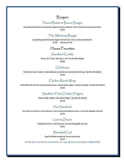 Albatross Hotel menu in Gander, Newfoundland and Labrador, Canada