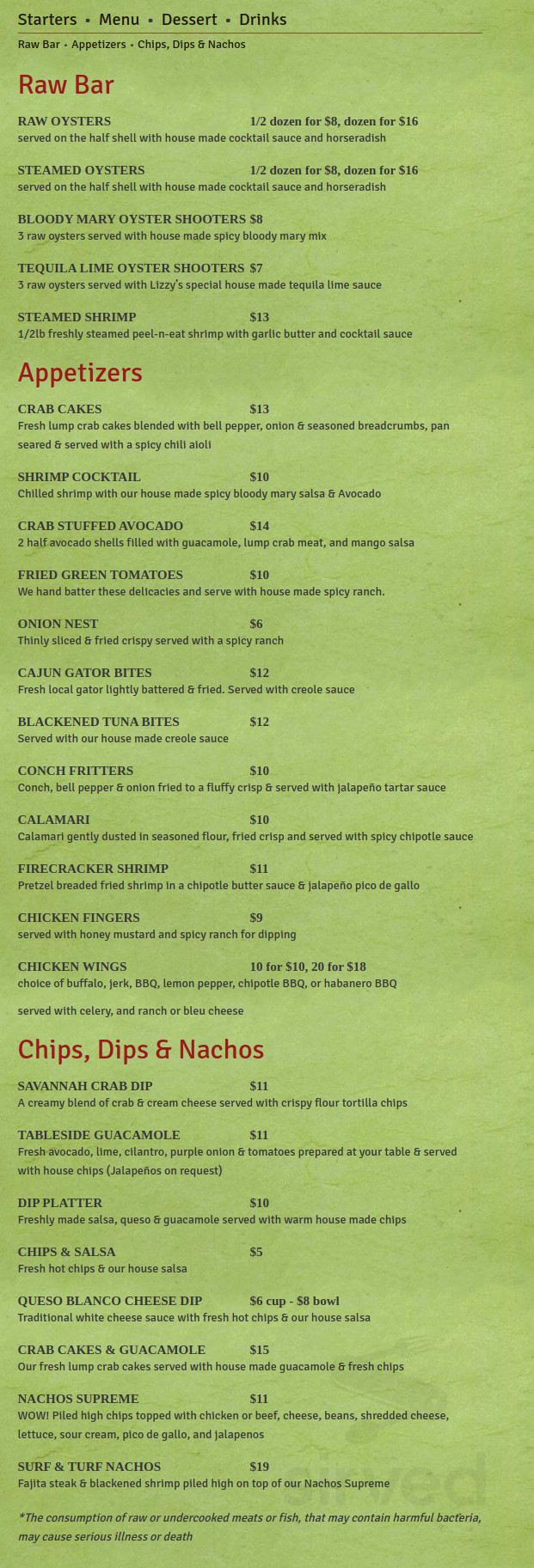 Lizzy's Burger Bar & Grill menu in Savannah, USA