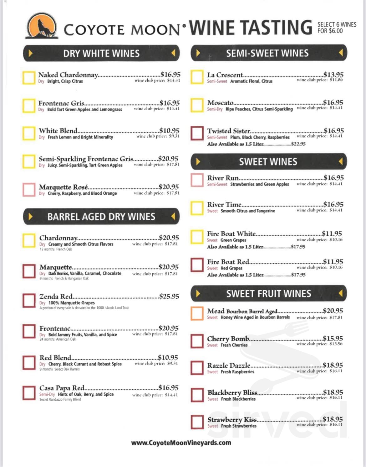 Coyote Moon Vineyards menu in Clayton, New York, USA