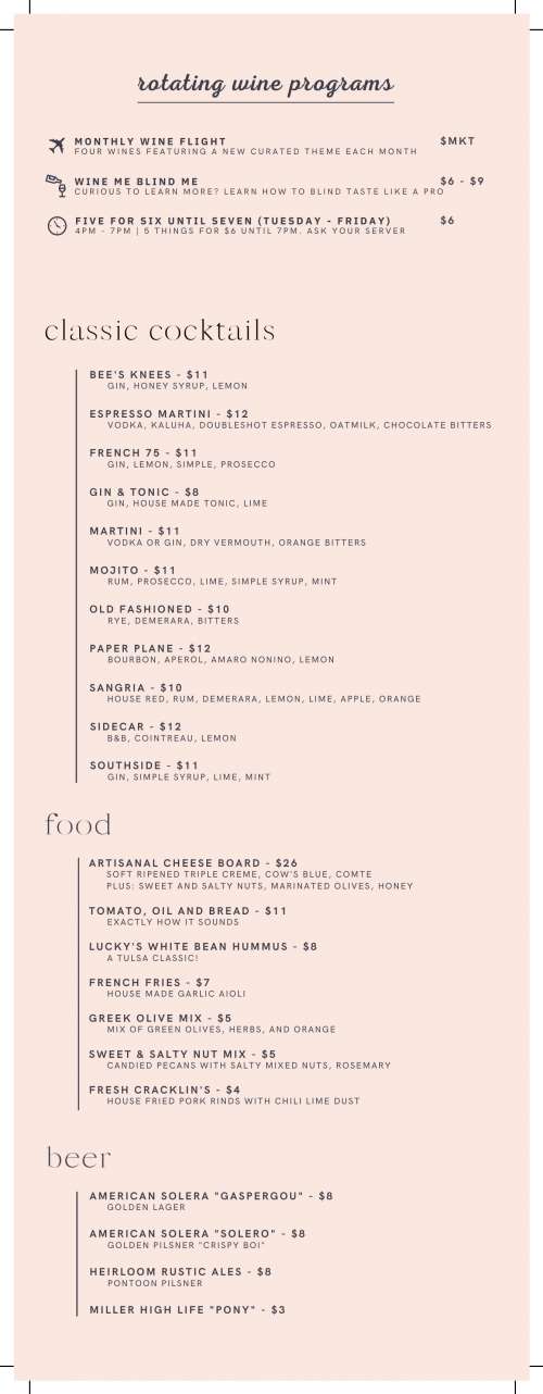 Vintage Wine Bar menu in Tulsa, Oklahoma, USA