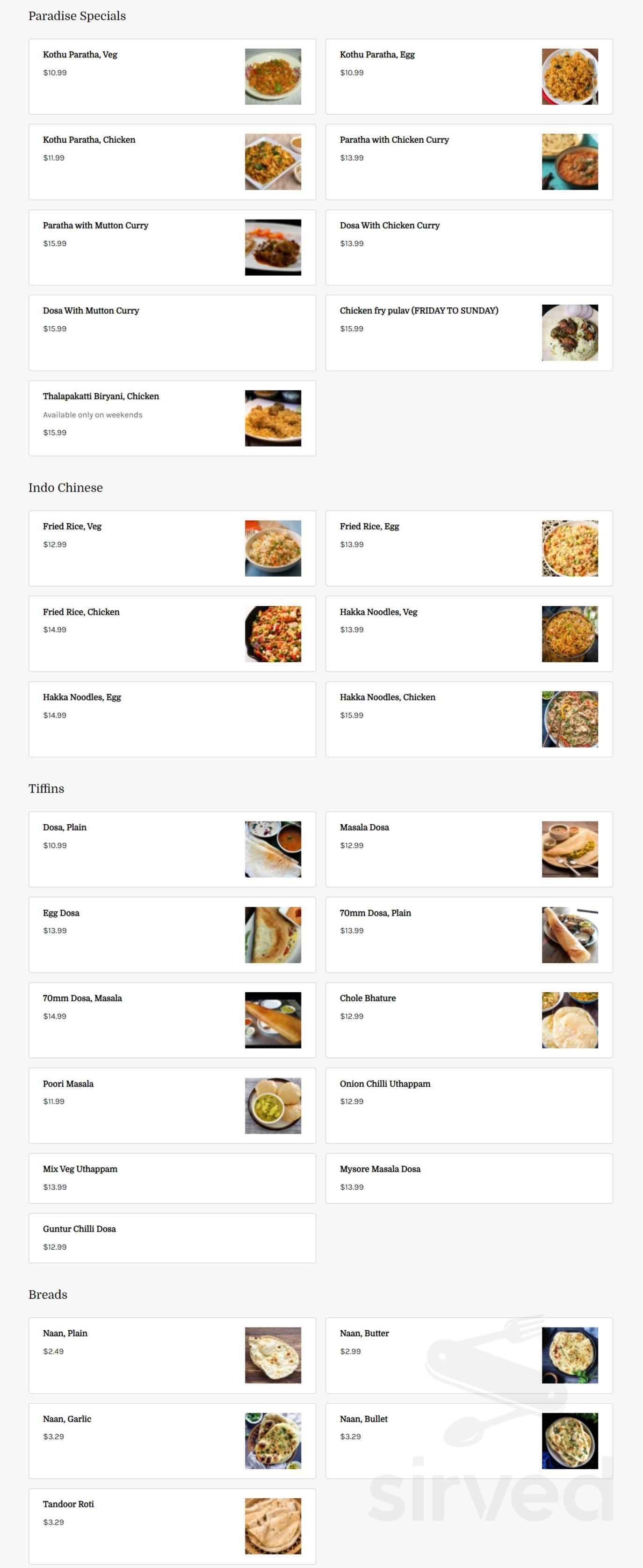 Paradise India Cuisine menu in Morrisville, North Carolina, USA