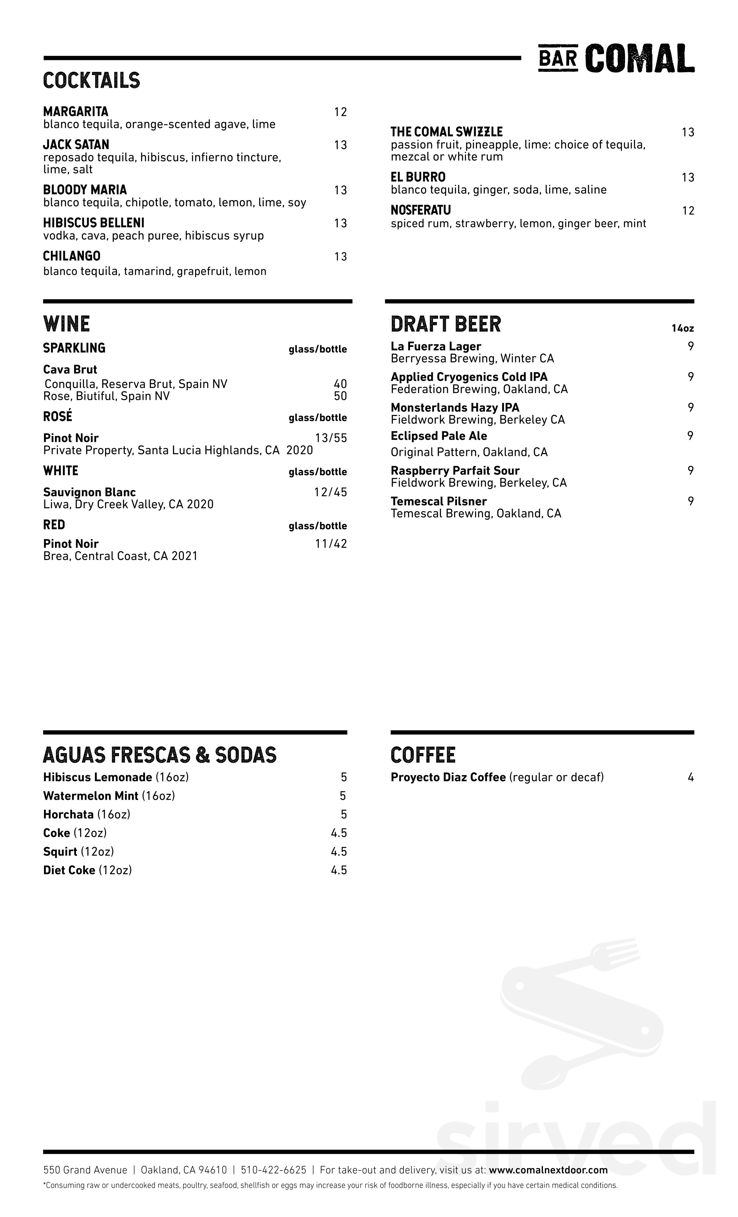 Menu - Oakland CA's Comal Next Door | Sirved