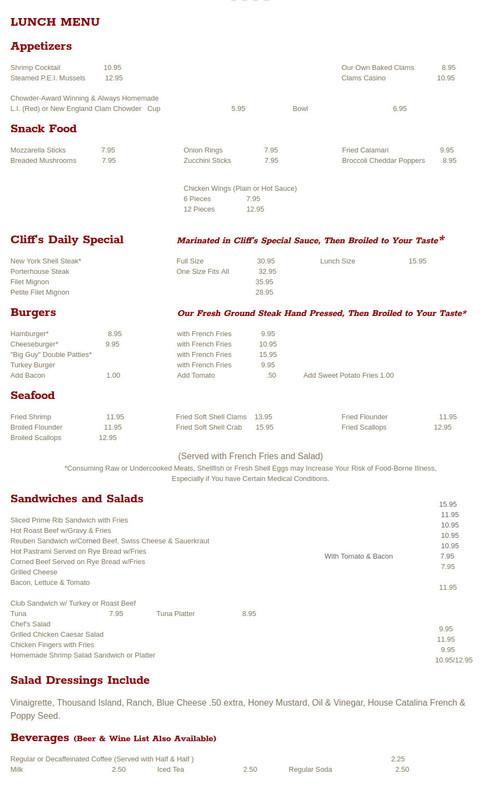 Cliff's Rendezvous menu in Riverhead, New York, USA