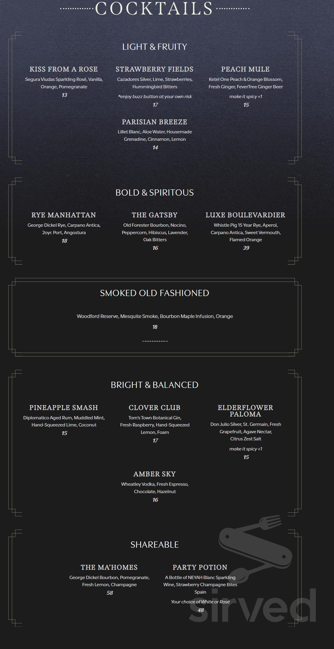 Prime Social menu in Kansas City, Missouri, USA