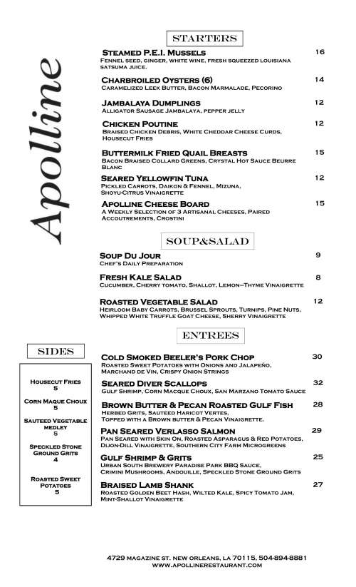 Apolline menu in New Orleans, Louisiana, USA