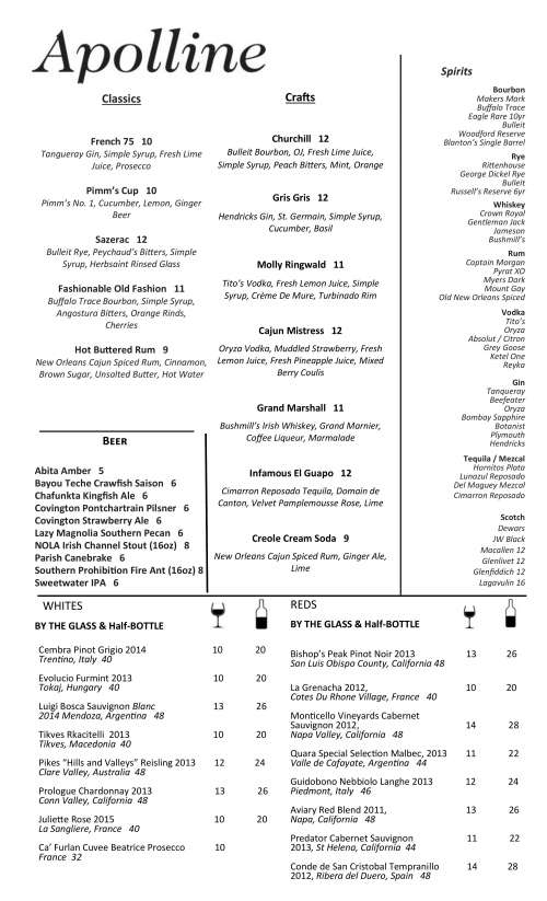Apolline menu in New Orleans, Louisiana, USA