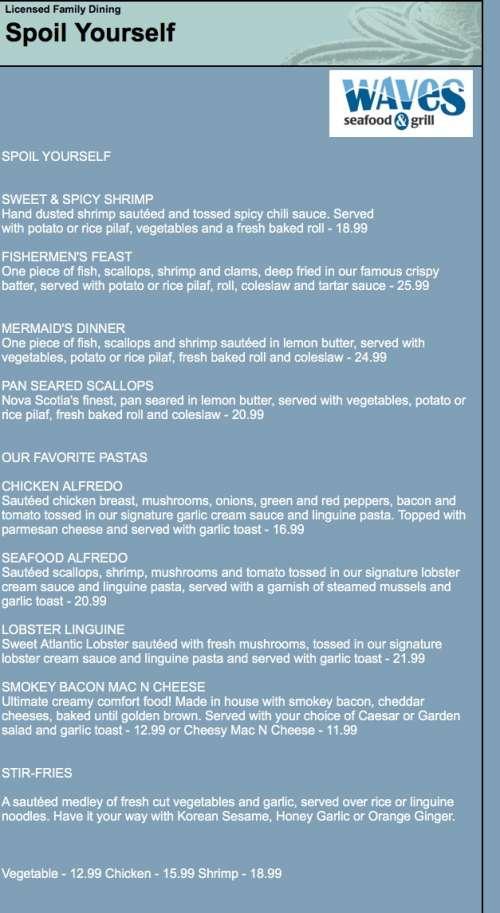 Waves Seafood & Grill menu in Bridgewater, Nova Scotia, Canada