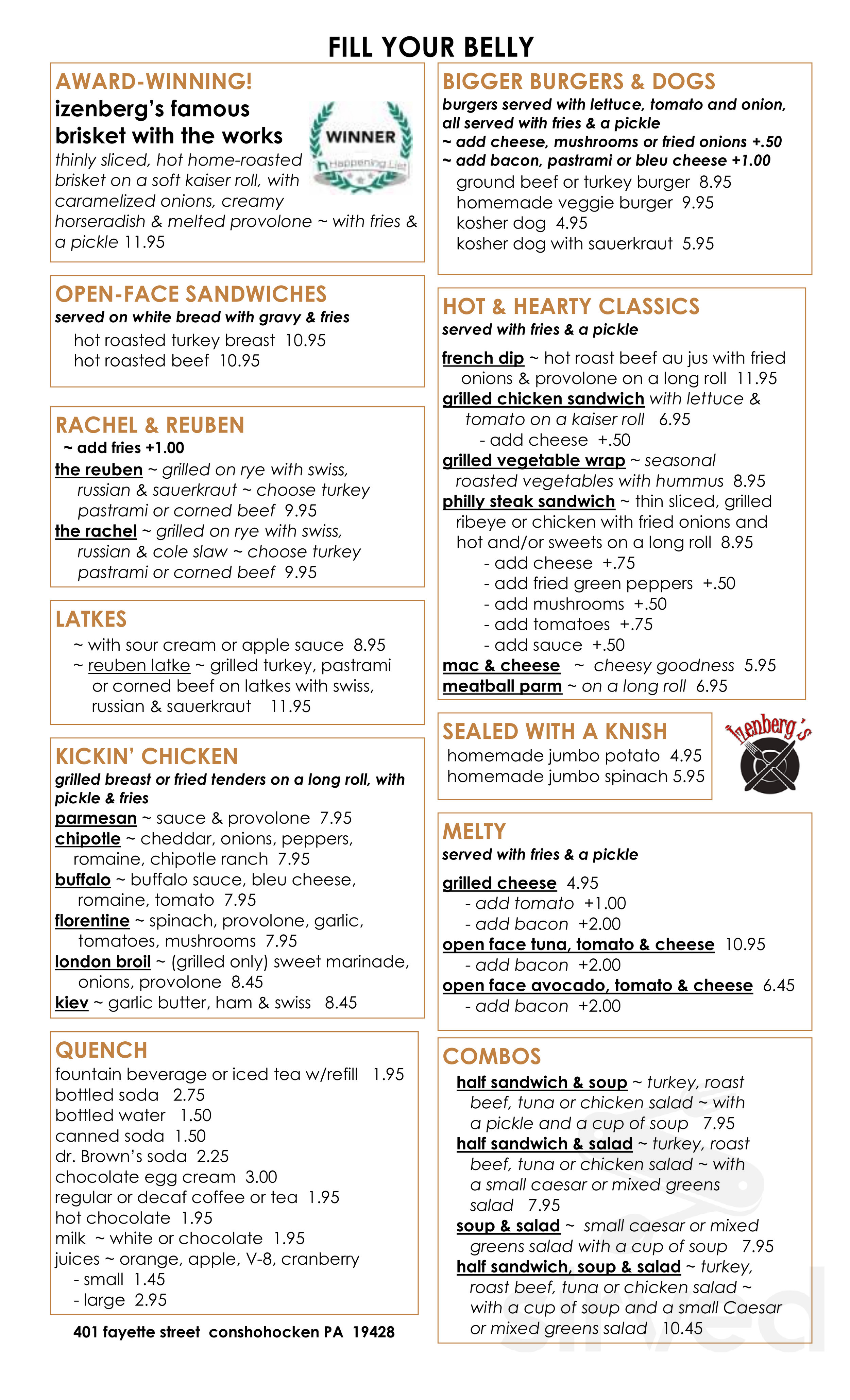 Izenberg's Deli lunch menu in Conshohocken, Pennsylvania